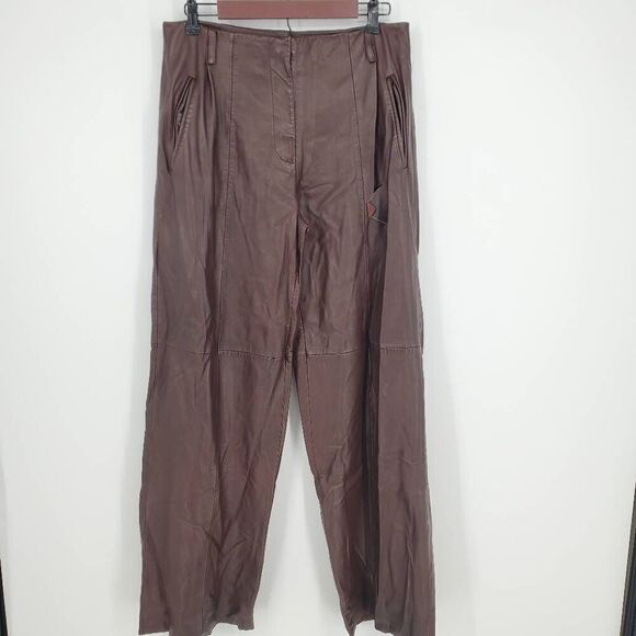 Veda Women's brown leather trousers Straight Leg High Waist 10 Flaw - Picture 4 of 7